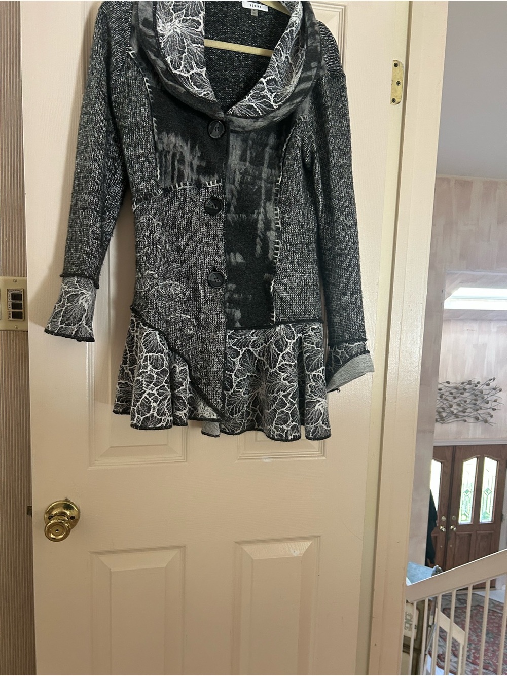 Sioni Gray and White Textured Knit Cardigan Jacket with Ruffle Hem